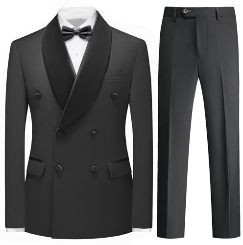 Rogers & Morris Tuxedo Suits for Men Solid 2 Piece Regular Fit Formal Set Shawl Lapels Double Breasted Jacket and Pants Black M
