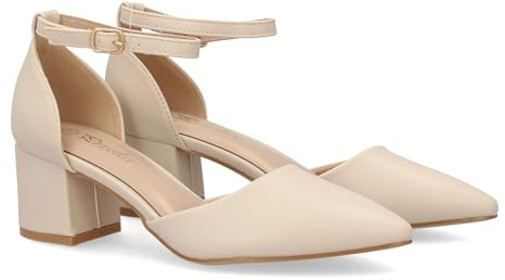 99393 Zapato de Tacon Medio para Mujer con Diseno Elegante y Punta Fina, Cierre de Hebilla. Tacon Ancho y Comodo, Ideal Diario u Ocasiones Especiales. Talon Cerrado. Beige Talla 40