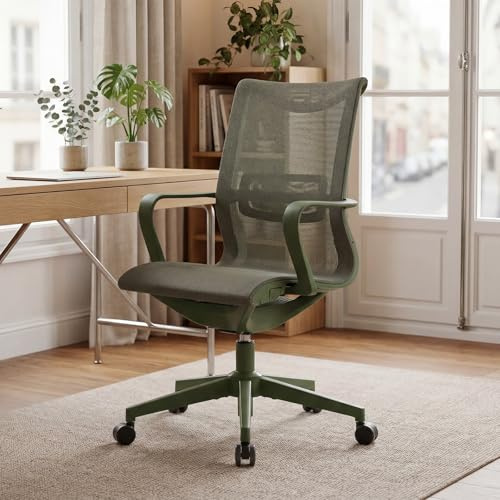 Ya-Home Ergonomisk svängbar kontorsstol med justerbart ländryggsstöd, ventilerande nätryggstöd och höjdjustering, för hem och kontor, grön