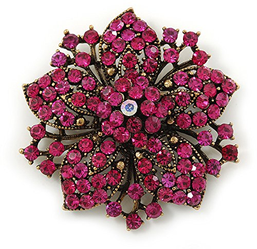 Victorian corsé diseño de flores broche en oro antiguo tono y brillantes cristales de Magenta – 55 mm de diámetro