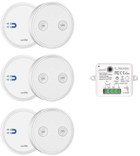 Paio Interruttore per Luce Senza Fili, LoraTap 3pz Interruttori Remoto con Base Magnetica 1 Ricevitore a Relè 2500W, Telecomando 200m 230V, On/Off Switch Wireless per Lampade e Apparecchi Elettrici