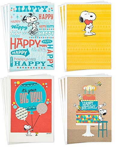 Hallmark Peanuts Birthday Cards Assortment, Snoopy Designs (12 Cards with Envelopes)
