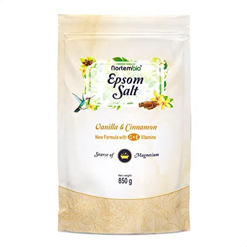 Nortembio Sali di Epsom 100% Fragranza Vaniglia e Cannella 850g – Fonte Naturale di Magnesio | Con Vitamina C ed E Idratante | Per Bagni Rilassanti, Spa e Cura della Pelle + E-Book Gratuito