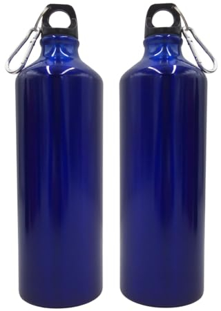 BURI 2X Aluminium Trinkflasche 1 Liter blau mit Karabiner Wasserflasche Sportflasche