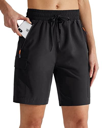 MASKERT Wanderhose Damen Kurz Outdoor Sports Shorts 7'' Laufshort Stretch Sporthose Laufhosen Sommer Kurze Cargohose Wandershorts mit Taschen, Schwarz M