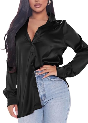 Navneet Women Blouses Satin Button Down Long Sleeve Shirts Collar Blouses Casual Office Wear Work Tops Going Out TopsBlack XL