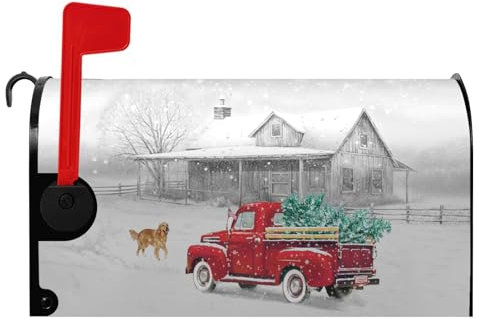 Dacawin Weihnachten Rot LKW Dekoration Briefkasten Abdeckung mit Magnetstreifen Weihnachtsbaum Niedliche Hund Briefkasten Abdeckungen Magnetische Wraps Winter Schnee Brief Briefkasten Abdeckung Dekor
