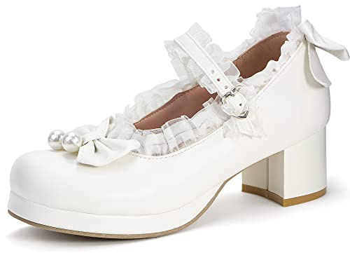 elerhythm Mary Jane - Scarpe da donna con plateau e tacco largo, carino, per cosplay, kawaii, con fiocco, in pizzo, con lacci incrociati, punta rotonda e cinturino alla caviglia, Bianco 2, 38 EU
