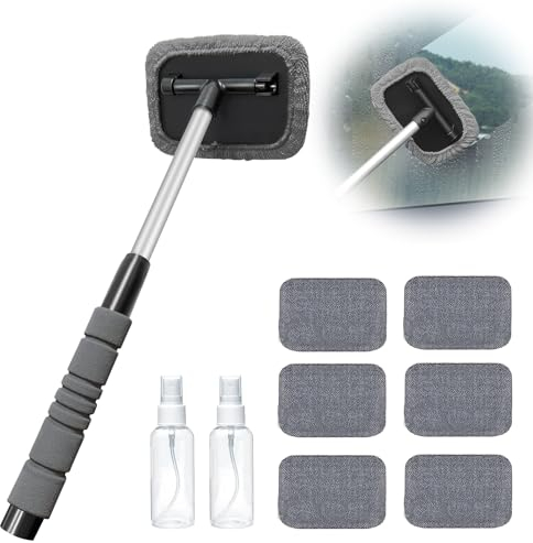LEKEFETO - Limpiador de ventanas de coche, 9 piezas para limpiaparabrisas giratorio, 180°, retráctil, kit de escobilla para ventanas de coche, con 6 almohadillas de microfibra y 2 pulverizadores de