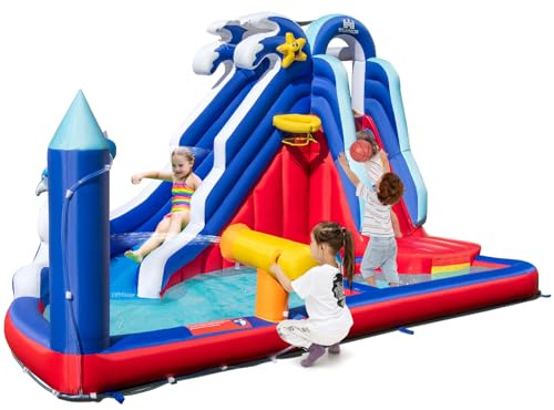 COSTWAY Hüpfburg mit Trocken-/Wasserrutsche, Kletterwand, Planschbecken, Wasserkanone, Basketballkorb & Ringwurfspiel, Bouncy Castle für Kinder, 413 x 300 x 235 cm