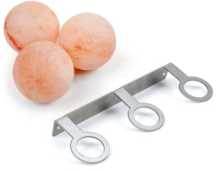 Saunainter Himalayan Salzkugeln mit Edelstahl-Wandhalterung - Natürlicher Luftreiniger und Salztherapie für die Sauna (3 Stück mit Wandhalterung)