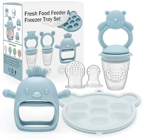 CLDY Baby Fruit Food Feeder, Mini Freezer Tray Combo, Breastmilk Popsicle Freezer Molds, BPA Free Silicone Teether for Toddler Infant for 3 Month+ Toddler Teething&Infant Self Feeding (Blue)