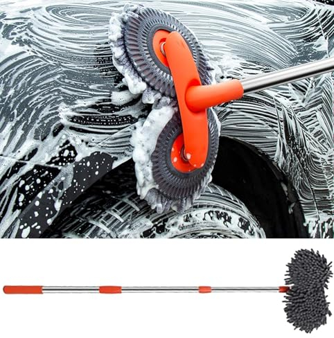 Autowaschbürste - Auto-doppelkopf-waschbürste | 360° Drehung Autowaschbürste Mit Teleskopstiel | Multifunktionale Mikrofaser Chenille Autowaschmopp | Langer Griff Multifunktionale Reinigungsbürste Fü