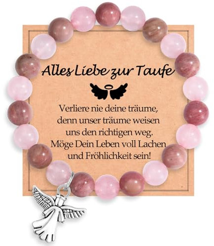 WOVEE Taufgeschenke Schutzengel Armband Engel Guardian Angel Anhänger Perlenarmband Naturstein Rose Rhodonite Pink Kristalle Taufe Kommunion Geschenke Mädchen Kinder