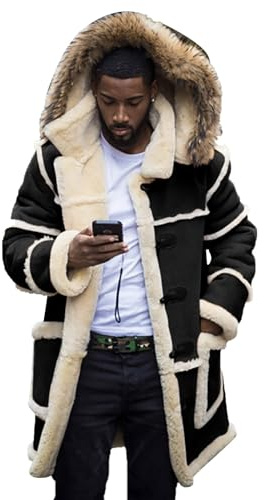 Mens Casual Fleece Sherpa Lined Jackets Men'S Suede Sheepskin Jacket Winter Warm Trench Coat Mid Length with Hood Fashion Padded Overcoat Solid Colours Long Sleeve Windbreaker Outwear