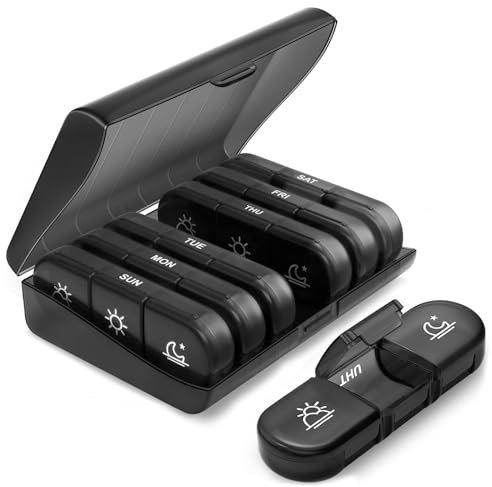 Portapillole settimanale per mattina, mezzogiorno e sera, Portapillole per farmaci per 7 giorni, 21 scomparti, Grande capacità per tasca, per vitamine, integratori e medicinali,nero