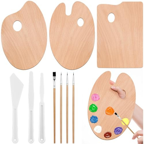 VEPEPE 10 Stück Daumenloch Holz Palette Malen Kit, 3 Formen Holz Malen Paletten 30 x 20 cm mit Malmesser Kunststoff, Oval Hölzerne Malpalette Mischpalette für DIY Kunst Handwerk Malerei Aquarell