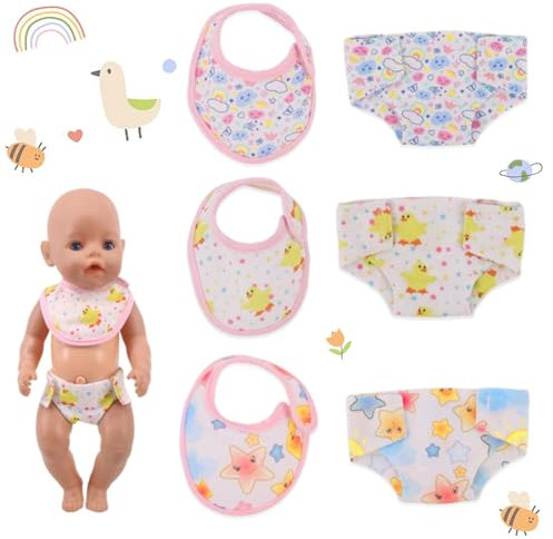 6 Pack Baby Puppe Zubehör Windeln Set Puppe Kleidung Windeln und Lätzchen Puppenlätzchen Set Wiederverwendbar Puppenwindeln für 18 Zoll Puppen Baby Puppen Dekoration Mädchen Geburtstag Geschenk