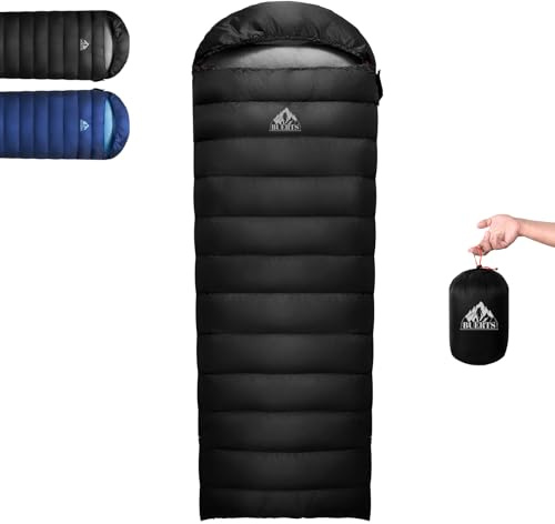 BUERTS Ultraleichter Daunenschlafsack (680FP) – Kompaktes Packmaß – 3 Jahreszeiten Schlafsack für Erwachsene zum Trekking, Camping & Bikepacking – RDS zertifizierte Daune. (Schwarz 15℃ bis 7℃)