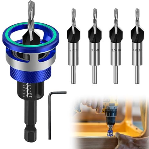 Juego de 6 brocas avellanadoras cónicas, avellanadores para madera con tope de profundidad, vástago hexagonal de 1/4 pulgadas, HSS-M2, orificios precisos para carpintería, color azul