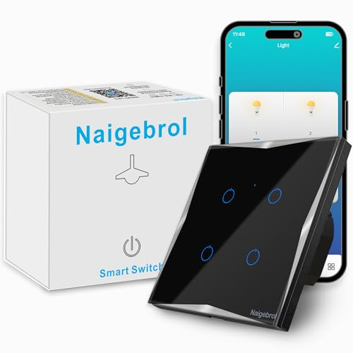 Naigebrol Touch Light Switch,Multi-Way Control by Smart Life App,Compatible with Alexa and Google,LED Backlight,Glass Wall Switch Flush-Mounted,Timing or Schedule,4-Gang Black(Neutral Wire Need)