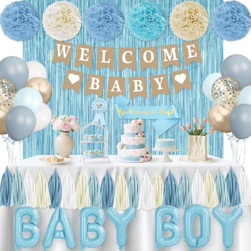 Dusty Blue Baby Shower Decorations Set with Welcome Baby Banner & Paper Fringe - Mom To Be Sash, Daddy To Be Badge, Light Blue Balloons, Paper Lantern, Pom Poms for Boy Gender Reveal Party Supplies