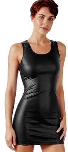 Rubberfashion Wetlook Damen Kleid - figurbetontes Minikleid ohne Ärmel - stilvoll für den Alltag - als Abendmode und Party Outfit für Frauen Schwarz Metallic M