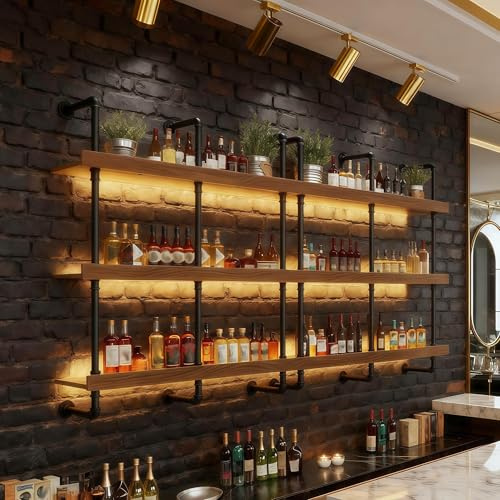 100CM Botellero de Pared Industrial, 3 Niveles Estantes de madera maciza Botellero Vino Luz LED, Multifuncional Estante para Vino Flotante para exhibición de Vino, para el hogar,Restaurante,Bares