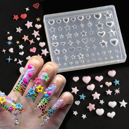 Silicone Nail Art Molds, Star Heart Starlight Design Nail Charm Molds 3D Carving Template, Resin Craft Making Tool Mould for Women DIY Manicure Decorations Accessories Nail Supplies