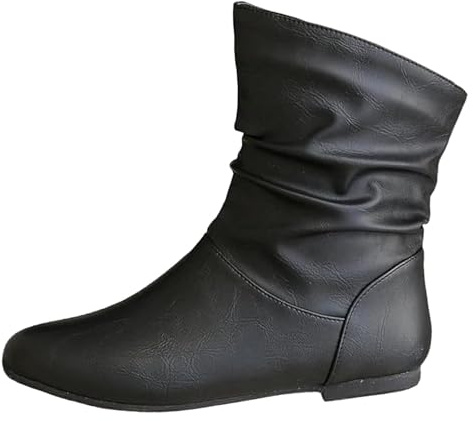VBEDKDEB Botines mujer botas tobillo mujer moda puntiaguda punta plana manga corta pliegues apilados planos cien botines clásicos de plataforma mujer, Negro , 36 EU