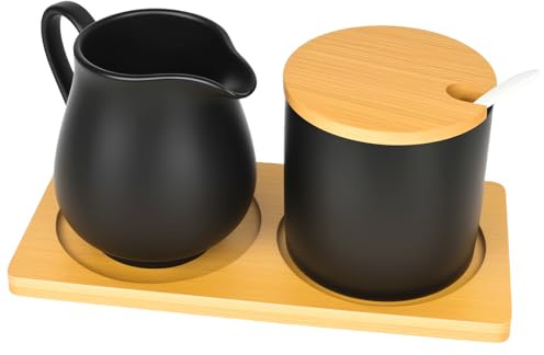 bssmmai Set di latte e zucchero con coperchio e cucchiaio, bricco per il latte in ceramica nera e zuccheriera con vassoio in legno, per il latte, lavabile in lavastoviglie e adatto al microonde