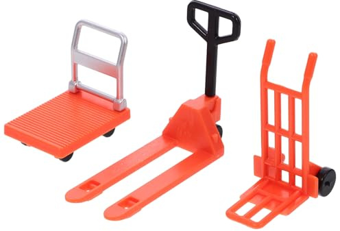 HOOTNEE Mini Chariot Élévateur en Plastique Orange Ensemble 3 Pièces Mini Diable et Chariot à Plateforme Modèle Miniature Éducatif pour Garçon et Filles Jeu de Manipulation et