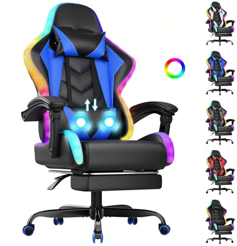 TRIUMPHKEY Silla de Juegos con Luz RGB LED de Estilo Gaming, 366 Modos de Efecto de Luz, Tela PU Resistente a la Suciedad, Reposabrazos Sincronizados, Almohada Lumbar de Masaje USB (Azul)