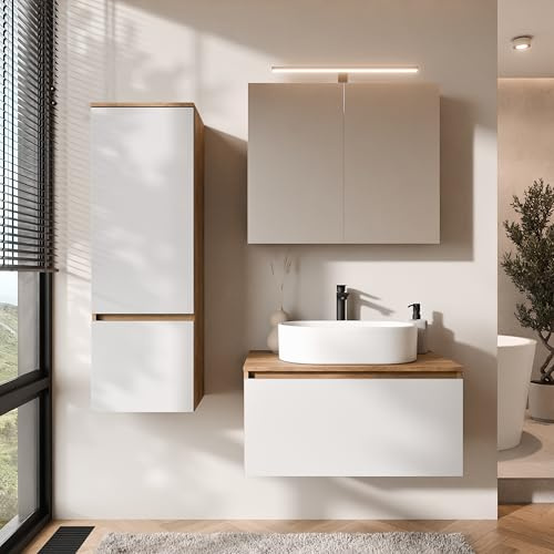 Planetmöbel Arisa - Juego de muebles de baño con armario bajo (80 cm, roble dorado y blanco, con armario con espejo ARIA y armario alto, lavabo de 55 cm, incluye sifón para ahorrar espacio)