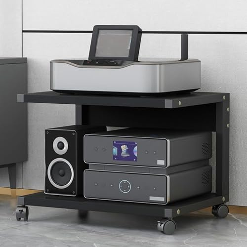 MobileHögtalarstativ rullande sidobord för skivspelare och skrivare 2 nivåer TV-enhet i trä för hemmakontor (svart 50 x 40 x 30 cm)