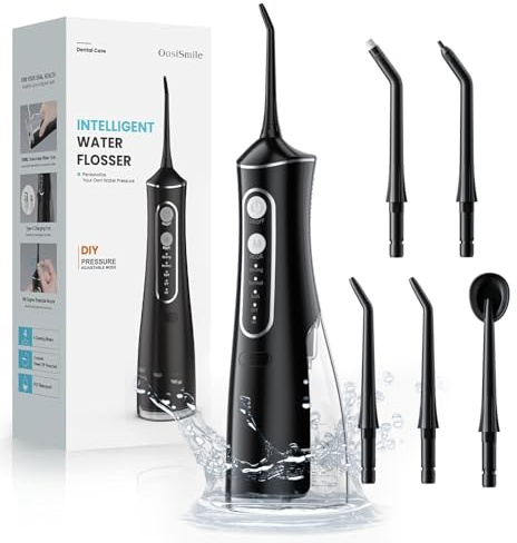OasiSmile Water Flosser for Teeth, 300ML Cordless Oral Irrigator for Braces & Sensitive Gums, Adjustable Pressure, 4 Modes, 5 Jet Tips, 30-Day Battery, IPX7 Waterproof for Home & Travel