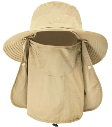 Jonuin Chapeaux de Pêche Pliable UPF 50+, Chapeau de Soleil à Large Bord avec Cache-Visage et Cache-Cou Amovible, Chapeau Randonnée Mentonnière Anti-Vent Homme Femme pour Pêche Camping Voyage (Kaki)
