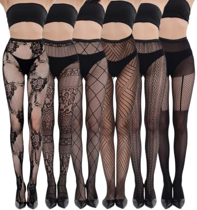 Hounyou 6 Pcs Black Fishnet Tights for Women | High-Waisted,Breathable,Fashion Patterned Lace Tights