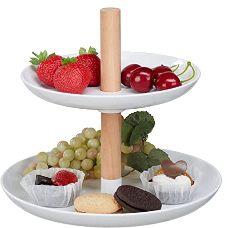 Relaxdays Alzata per Dolci a 2 Piani, in Plastica e Legno, Alzatina per Muffin, Piatti Tondi, Bianco Colore Naturale, 19 x 21 cm