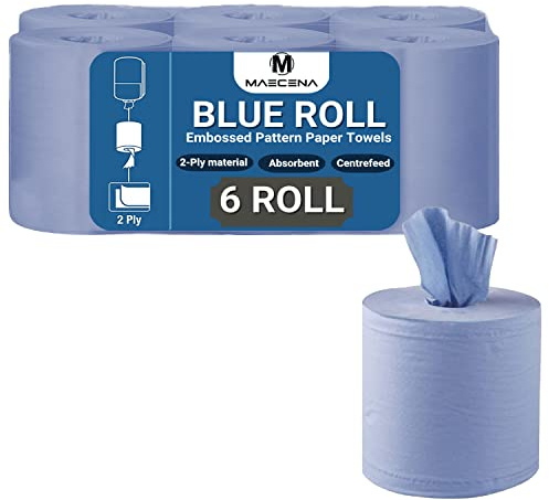 Maecena Centrefeed Blue Rolls - 2 Ply 6 Pack Embossed Pattern Paper Towels - Strong and Absorbent Tissue Paper Roll - UK Supplier Perfect for Commercial and Kitchen Use