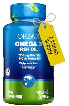 Orzax Fish Oil 1200 mg, EPA&DHA, Triglyceride Form Burpless Omega 3, Lemon Flavor, Supports Heart, Brain, Eyes, and Joints, 120 Softgels,60 Day Supply