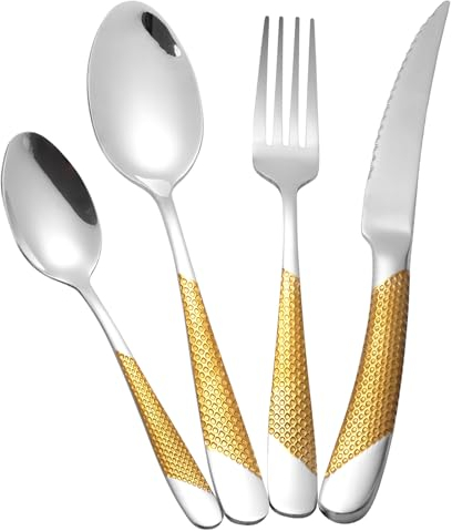 24-Piece Silver Gold Cutlery Set with Ultra Sharp 2-in-1 Serrated Knive, 18/10 Stainless Steel Hammered Silverware Set, Flatware Set for 6 People, Knives Forks Spoons Set