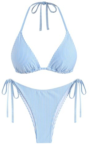 ZAFUL Textured Halter Bikini for Women 2 Piece Triangle Bikini Sets Sexy High Cut Bathing Suit Side Tie Swimsuits Blue Stripe S