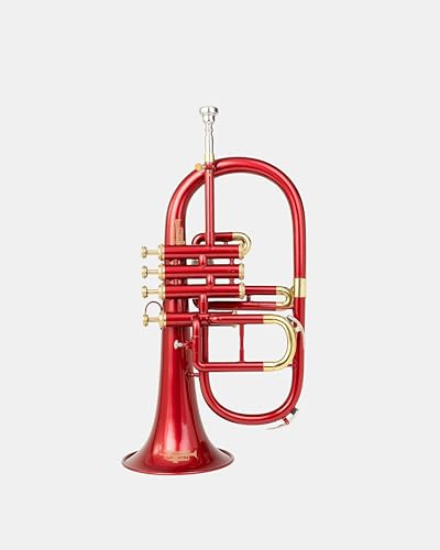 QUEENBRASS 4-Valve Flugelhorn in Bb/F Pitch – Colored Finish with Mouthpiece & Case | Brass Flugel Horn for Jazz, Orchestras & Brass Bands, Red