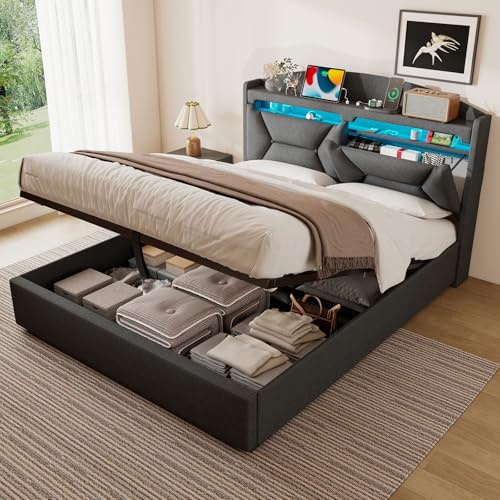 ZUUYEE Cama 140x200 con Almacenamiento, Camas Matrimoniales con LED, Puertos USB y Type-C, Somier 140x200 Hidráulico, Cama Matrimonio Camas Juveniles con Cabecero, Lino, Gris, Colchón No Incluido