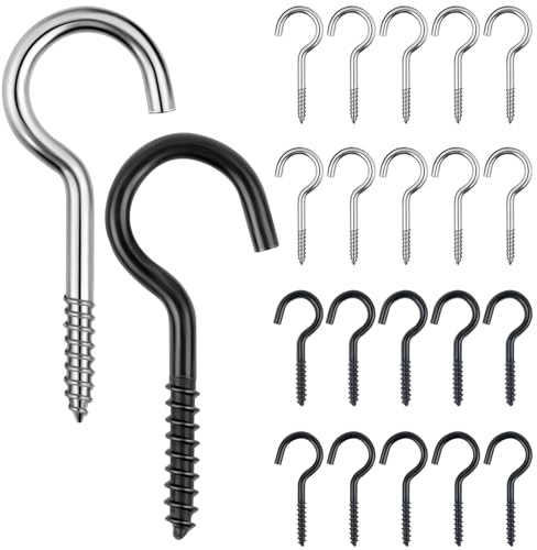 AiQInu 20 Pezzi Ganci a Vite, 40mm Kit Ganci a Vite, Hooks for Hanging, Gancio per Soffitto, Gancio Avvitabili in Acciaio per Lampade Chiavi Tazze Nero e Argento