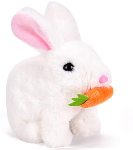 Asslye Jouet interactif pour lapin rebondissant, petit lapin, doudou qui fait des sons et des oreilles et du nez bougent, lapin en peluche pour cadeaux de Pâques (blanc + boîte cadeau)