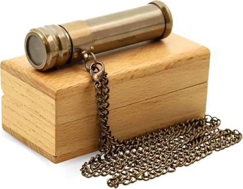 Averex Antik mässing kalejdoskop med trä förvaringsbox, vintage optisk glaslins samlarobjekt, liten dekorativ present till vuxna
