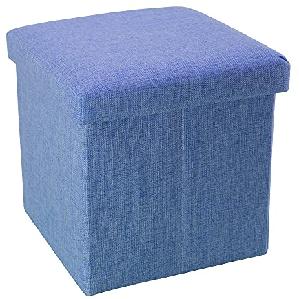INTIRILIFE Faltbarer Sitzhocker 38x38x38 cm in Meer BLAU - Sitzwürfel mit Stauraum und Deckel aus Stoff in Leinen Optik - Sitzcube Fußablage Aufbewahrungsbox Truhe Sitzbank