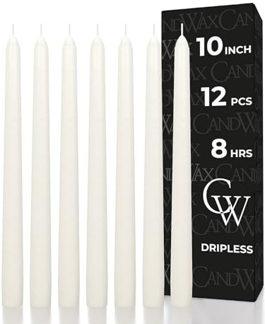 CANDWAX 25 cm Ivory Taper Candles Set of 12 - Unscented Smokeless Dripless Christmas Candlesticks - Perfect as Dinner Table Centerpieces and Holiday Home Decorations - Christmas Taper Candles